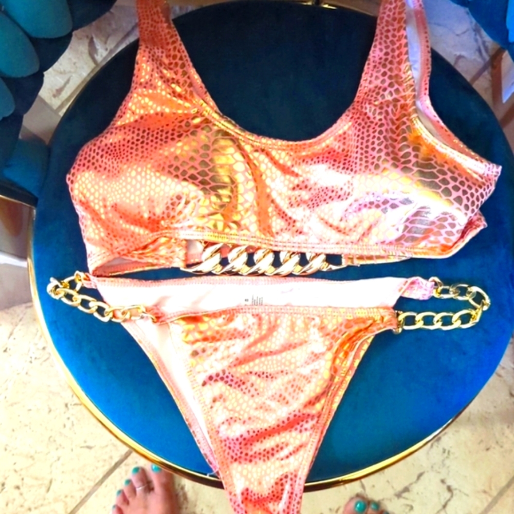 Swimsuit 2 PC Bikini Metallic Pink And Gold With Chunky Chains